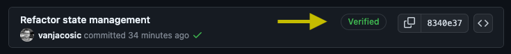 GitHub commit log showing that my commit was signed and verified